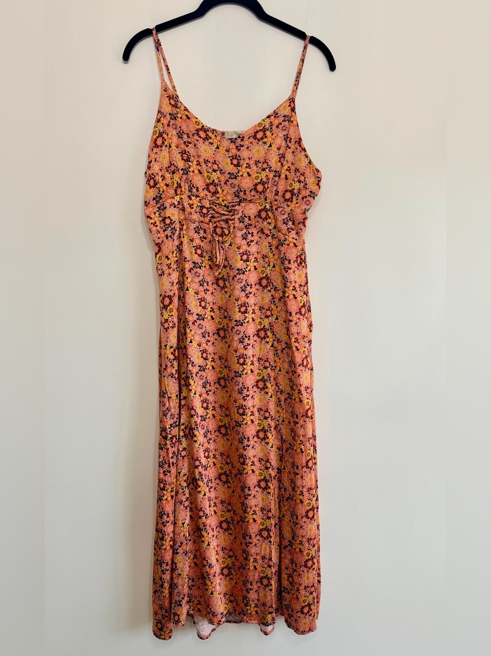 Pink Floral Boho Tie Front Slit Maxi Dress L - Picture 2 of 11